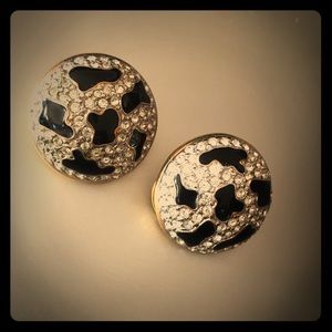 Black and rhinestone clip earrings in gold setting